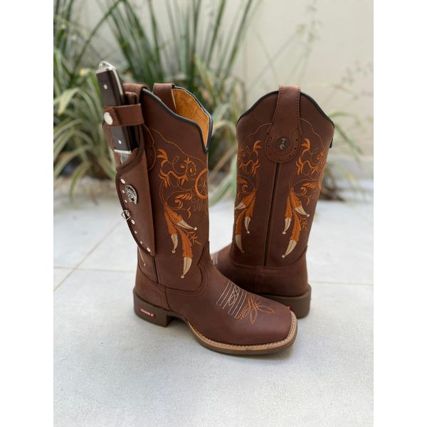 BOTA TEXANA EM COURO MARROM BORDADO FILTRO DOS SONHOS LARANJA + BAINHA + FACA +METAIS