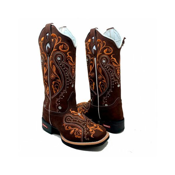 BOTA TEXANA EM COURO NOBUCK CAFÉ BORDADO TRIBAL + SUPORTE PARA CELULAR