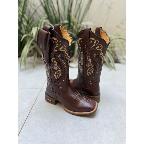BOTA TEXANA EM COURO LATEGO MARROM BORDADO TRIBAL + BAINHA + CANIVETE