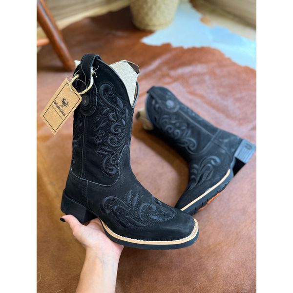 BOTA TEXANA EM COURO ALL BLACK BORDADO RAMOS CANO TRADICIONAL