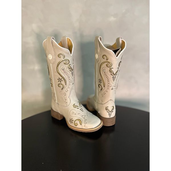 BOTA TEXANA EM COURO OFF WHITE LASER FLORENCIA GLITTER DOURADO + STRASS
