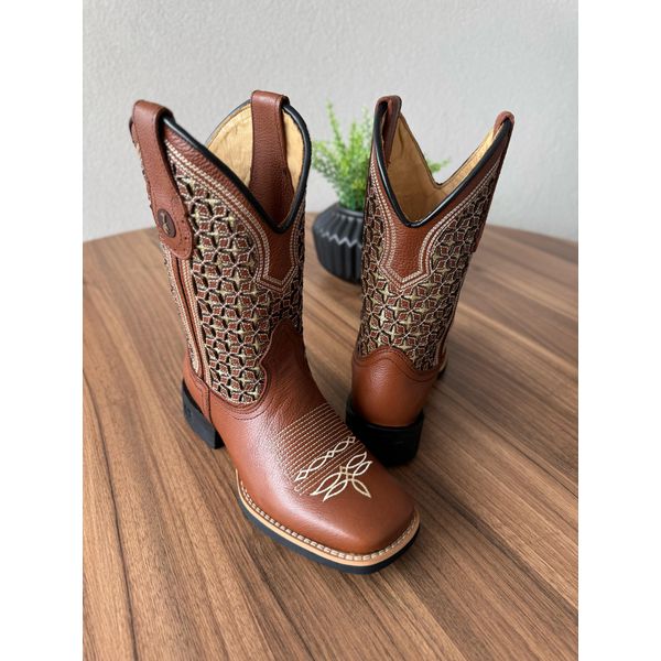 BOTA TEXANA EM COURO MUSTANG A LASER GLITTER DOURADO CANO TRADICIONAL