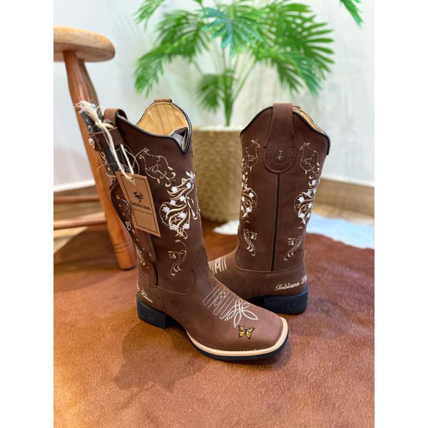 KIT BOTA TEXANA EM COURO BORDADO CAVALO E BORBOLETA + SUPORTE PARA CELULAR + KIT FACA + NOME PERSONALIZADO