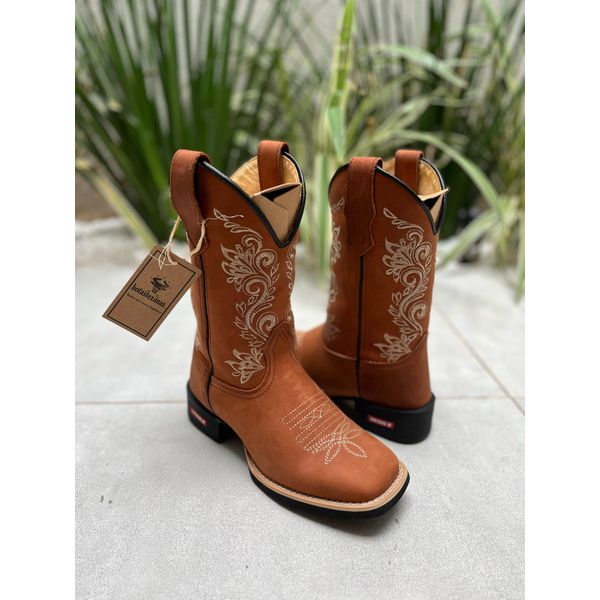 BOTA TEXANA EM COURO HORSE TELHA BORDADO RAMOS BEGE CANO TRADICIONAL