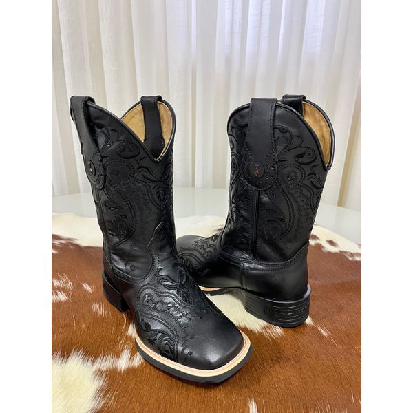 BOTA TEXANA EM COURO PRETO BORDADO ALL BLACK TRIBAL CANO TRADICIONAL