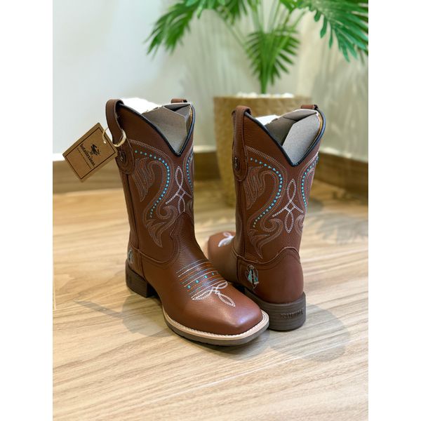 BOTA TEXANA EM COURO MUSTANG BORDADO PONTILHADO COM NOSSA SENHORA CANO TRADICIONAL