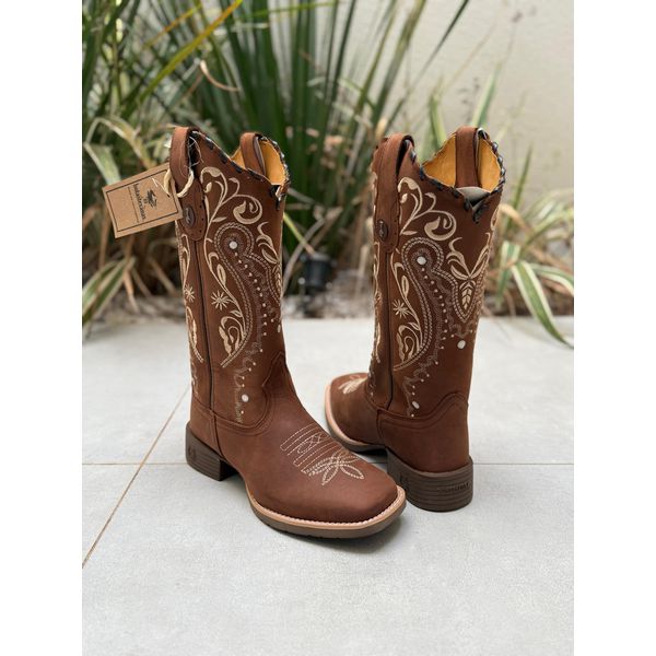 BOTA TEXANA EM COURO MARROM BORDADO TRIBAL BEGE COM FLORAO E TRICE