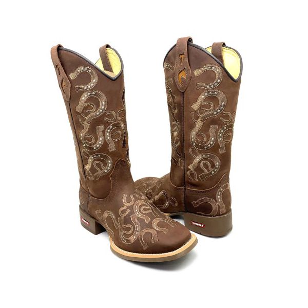 BOTA TEXANA EM COURO MARROM BORDADO FERRADURA