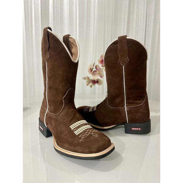 BOTA TEXANA EM COURO MARROM LISA E FLORÃO BEGE