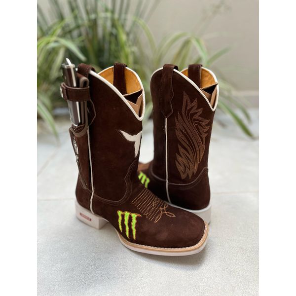 KIT BOTA TEXANA EM COURO NOBUCK TOURO SOLADO BRANCO MONSTER + BAINHA + FACA