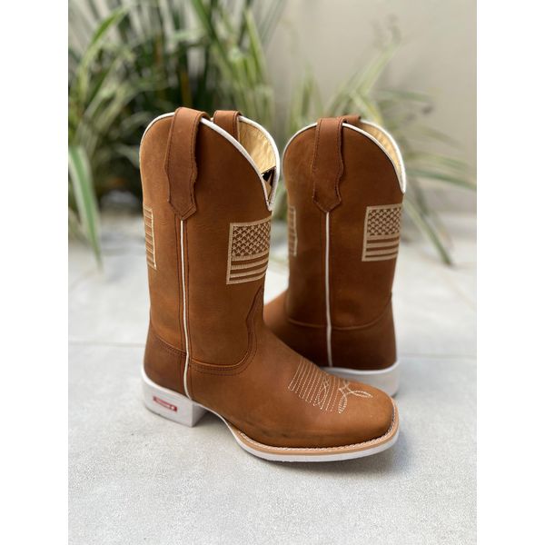 BOTA TEXANA EM COURO BANDEIRA ESTADOS UNIDOS BEGE SOLADO BRANCO