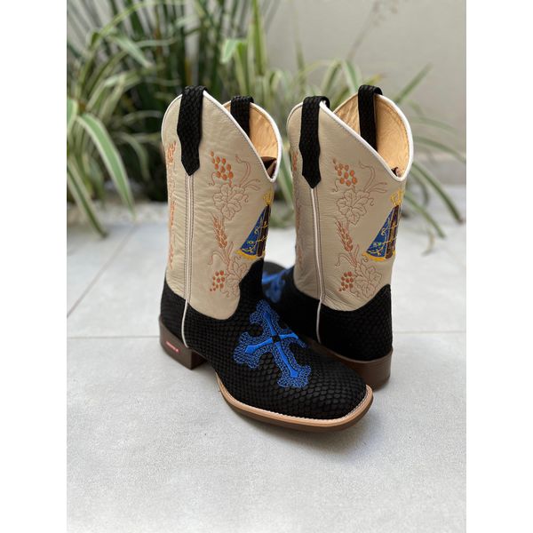 BOTA TEXANA EM COURO PRETO E OFF WHITE BORDADO NOSSA SENHORA + CRUZ SOLADO MARROM