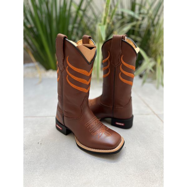 BOTA TEXANA EM COURO MARROM BORDADO LARANJA 