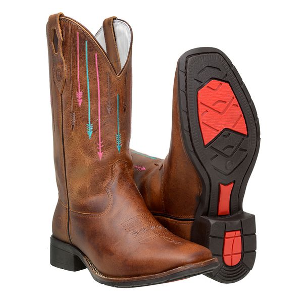 Bota Feminina Country Em Couro Bovino Com Bordados De Flechas