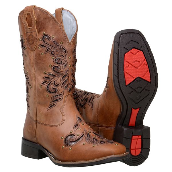 Bota Feminina Country Cano Médio Em Couro Legitimo Lazer Vazado E Spike