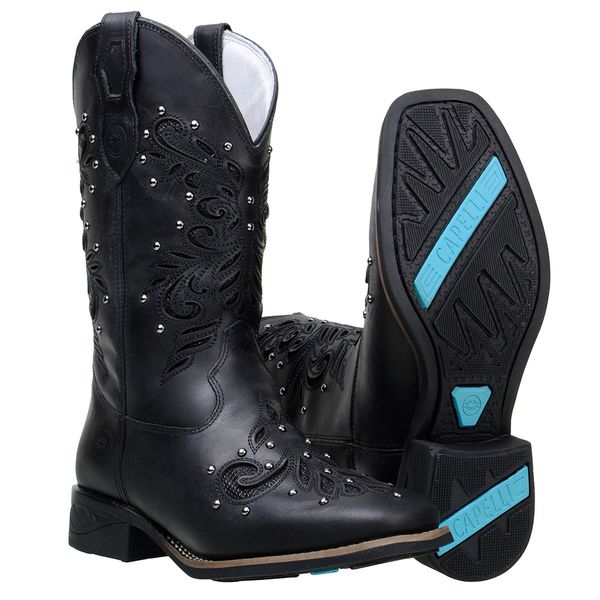 Bota Feminina Country Cano Médio Em Couro Legitimo Preto Lazer Vazado E Spike