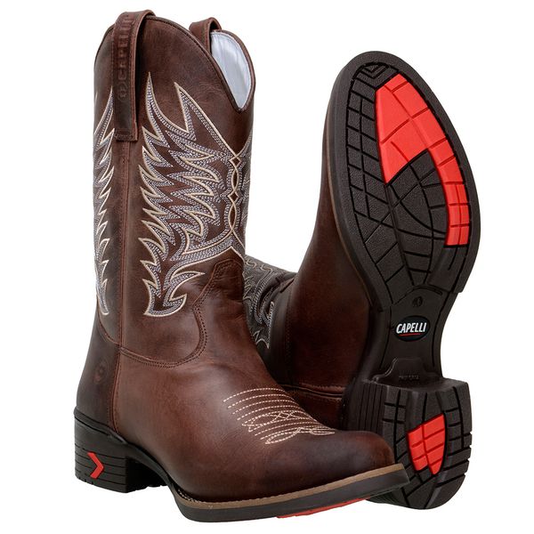 Bota Masculina Texana Cano Médio 100% Couro Nobre Cor Café Bico Redondo