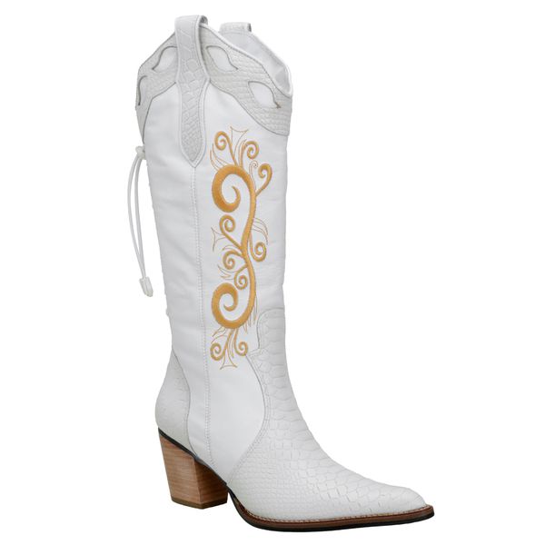 Bota Texana Bordada de Bico Fino em Couro Leg timo cor Branco