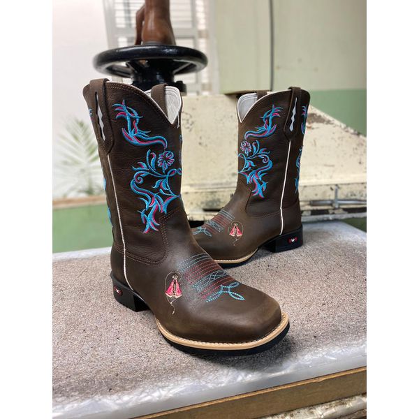 Bota Texana em Couro Tribal Floral Café e Azul