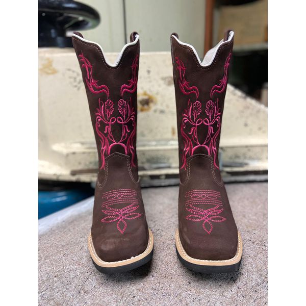 Bota Texana em Couro Tribal Floral Café e Rosa