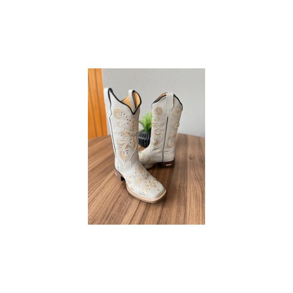 Bota Texana em Couro Off White Noiva