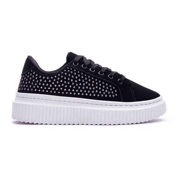 Tênis Feminino Flat Form Casual Confortável Strass Cadarço BX66 PRETO