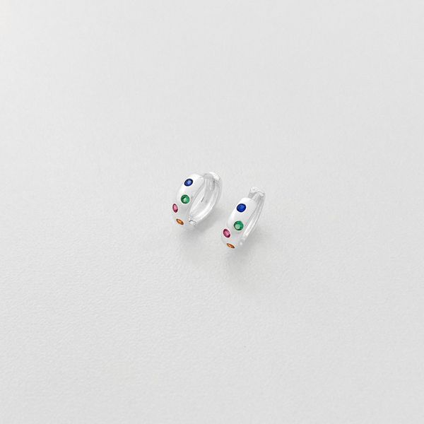 Brinco argolinha quatro zircônias coloridas prata 925 