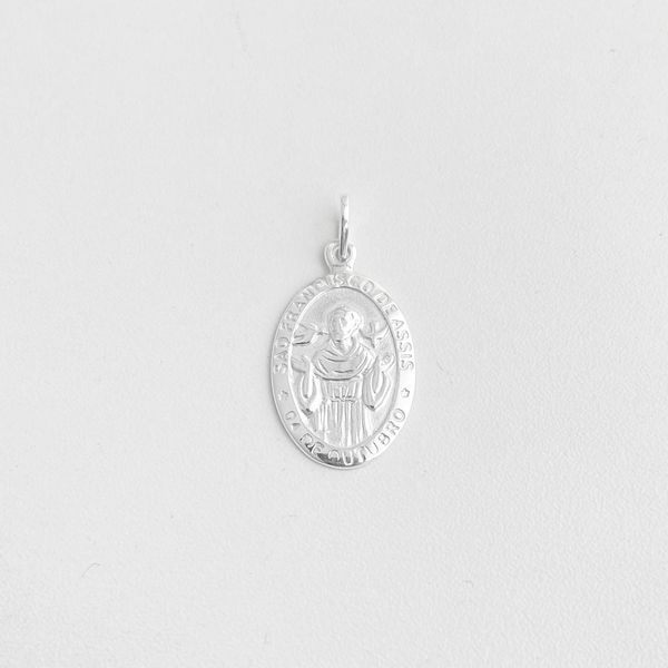 Pingente medalha oval grande São Francisco de Assis prata 925