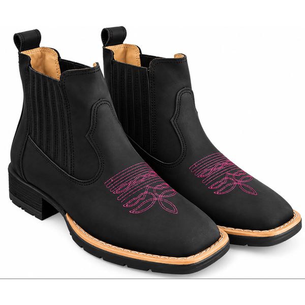 Botina Texana Brahman Boots Vira Francesa Preta com Rosa - Brahman Boots