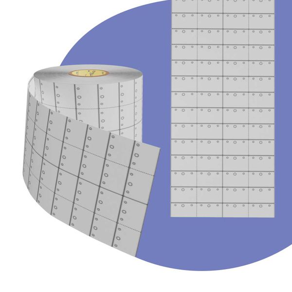 Etiqueta Brinco Serrilha Dobravel 1 Furo - 46x15 - Bopp Fosco - 2 Carreiras - Furo Baixo Branco Pack 6 Rolos g