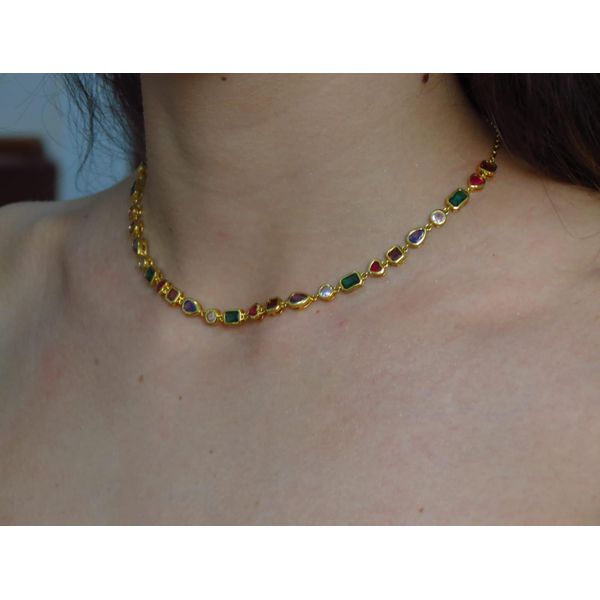 Choker com Pedras Coloridas 35cm + Exten... - BRIDA FOLHEADOS