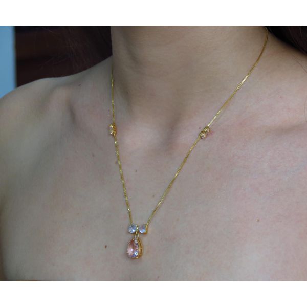 Colar Laço e Gota Rosa 45cm + Extensor - BRIDA FOLHEADOS