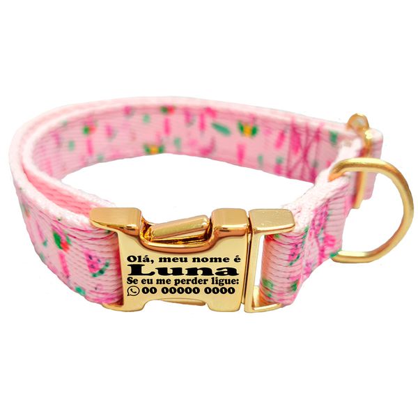 Coleira com estampa Rosa com Flamingos fecho de engate rápido