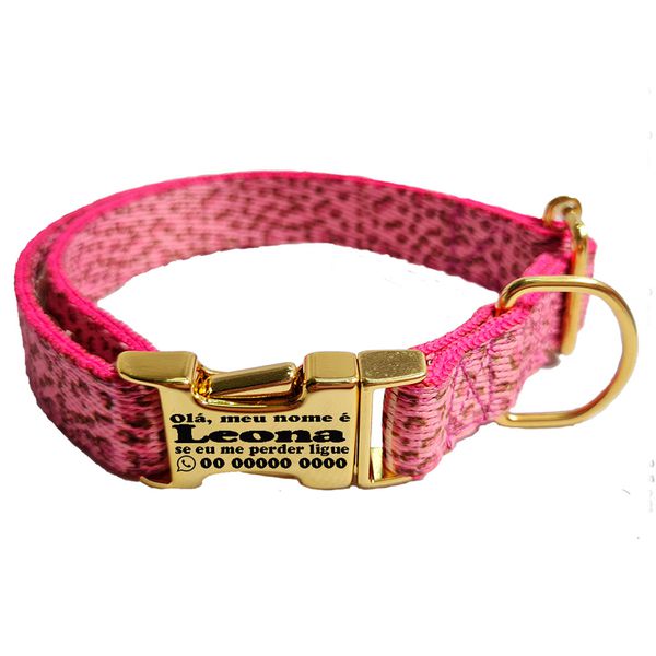 Coleira com estampa Onça Rosa fecho de engate rápido 
