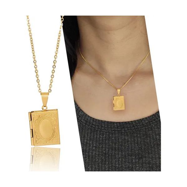 Colar Relicário Det Retangular Dourado