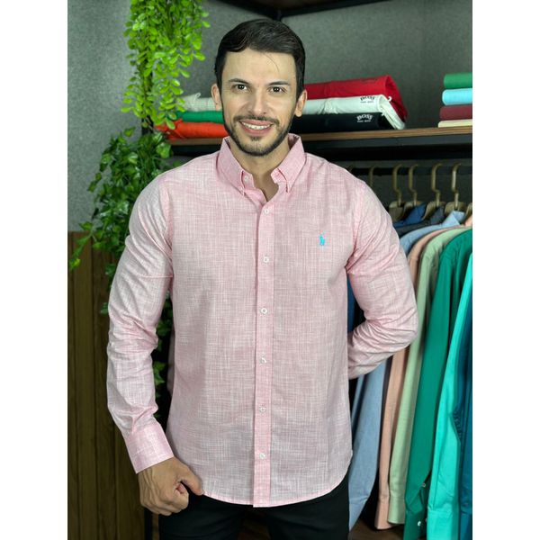 Camisa Manga Longa Linho PRL Rosa. 