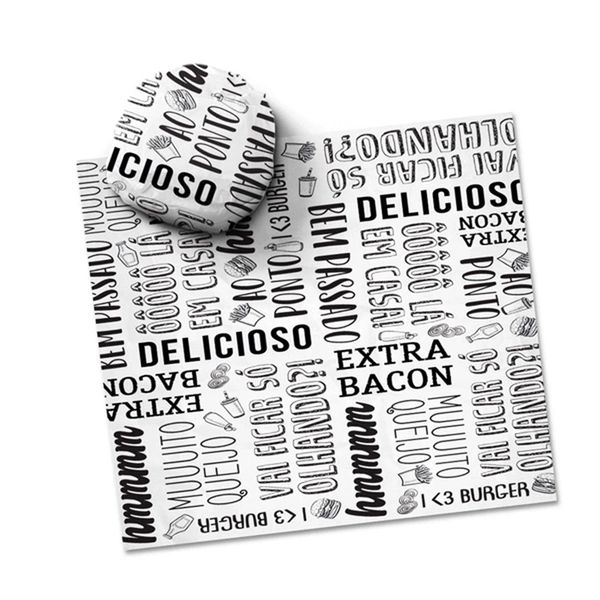 PAPEL BARREIRA GORDURA PREMIUM PARA LANCHE FRASES BURGUER 40x38CM - 400 UNIDADES