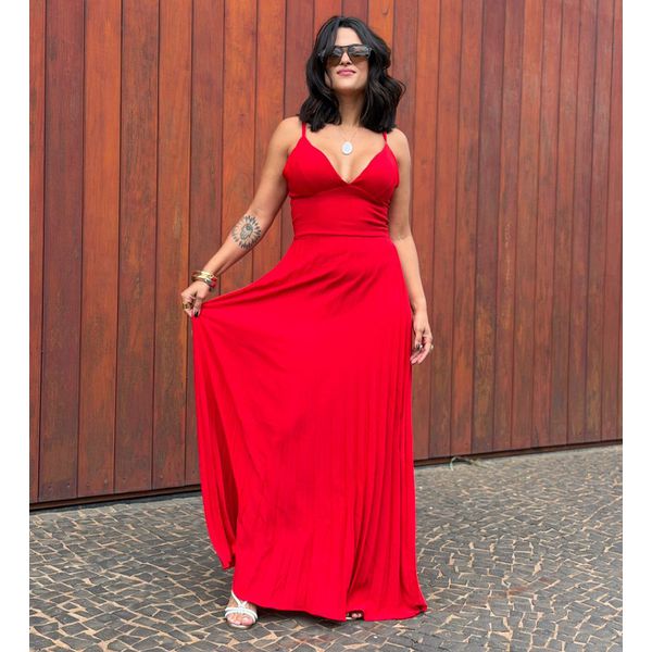 Vestido Longo Plissado Marina Vermelho
