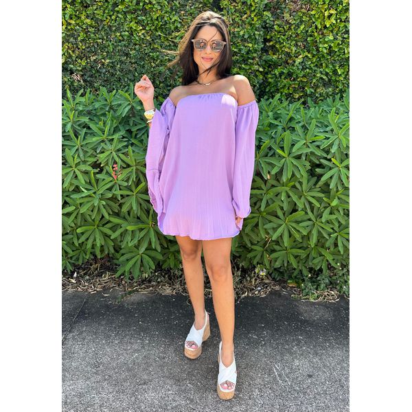 Conjunto Bata e Shorts Plissado Ombro a Ombro Lilás