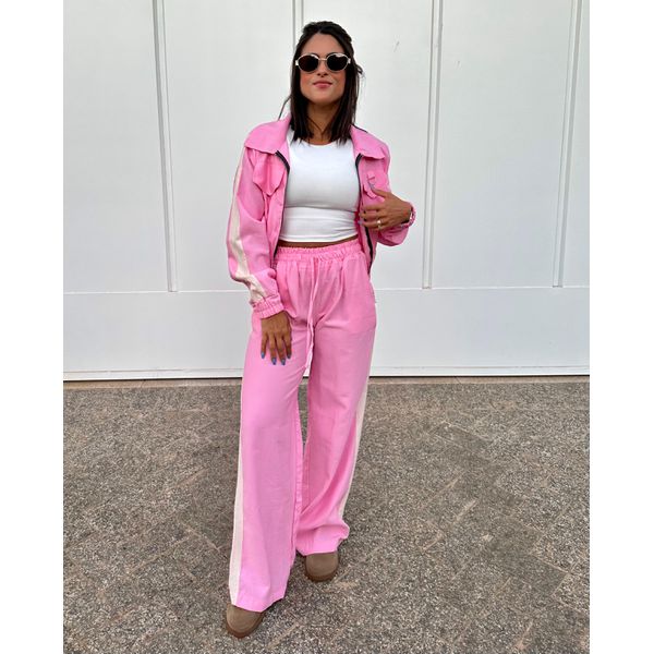 Conjunto Feminino Esportivo Rosa Com Faixa Branca 