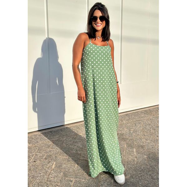 Vestido Longo Verde Alças Finas Poá