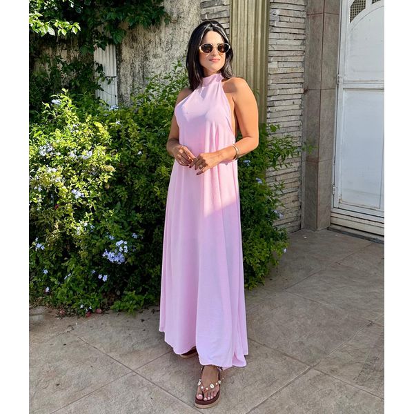 Vestido Midi Frente Única Gola Alta Rosa Bebê