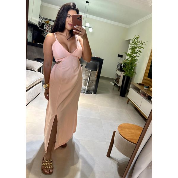 Vestido Midi Coral com Recortes Laterais