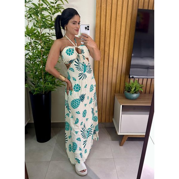 Vestido Off White Estampa Arara Verde com Decote Amarração