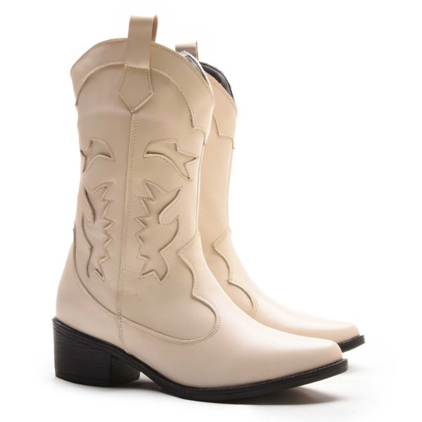 Bota Feminina Texana Country Em Couro Legitimo Cano Alto - Off White