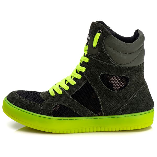 Tênis Sneaker Unissex Couro Legitimo Verde Oliva Com Verde Neon