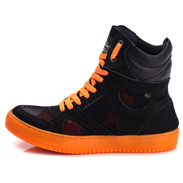 Tênis Sneaker Unissex Couro Legitimo Preto Camuflado Com laranja Neon