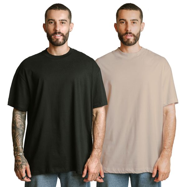 Kit 2 Camisetas Oversized 100% Algodão - Bege + Preto