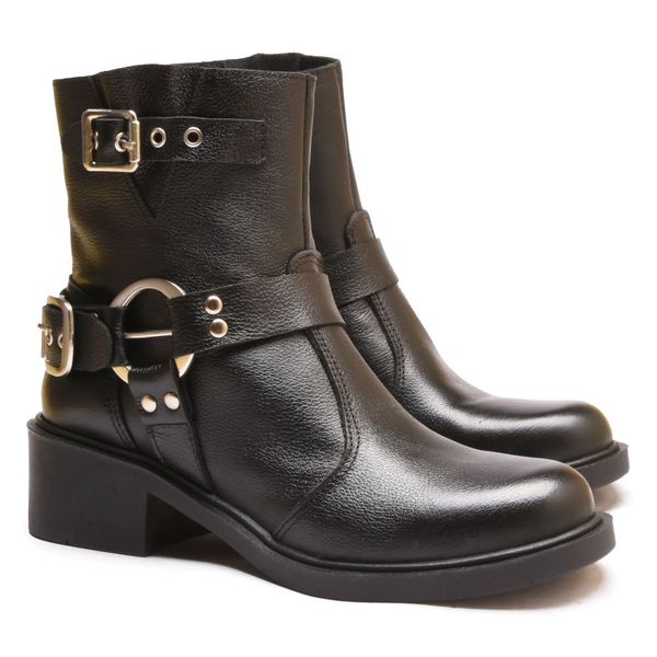 Bota Vintage Ankle Boot Couro Cano Médio Bico Redondo Preto