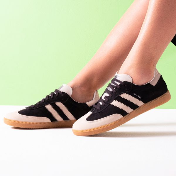 Tênis Feminino Casual Preto com Bege Retrô em Couro